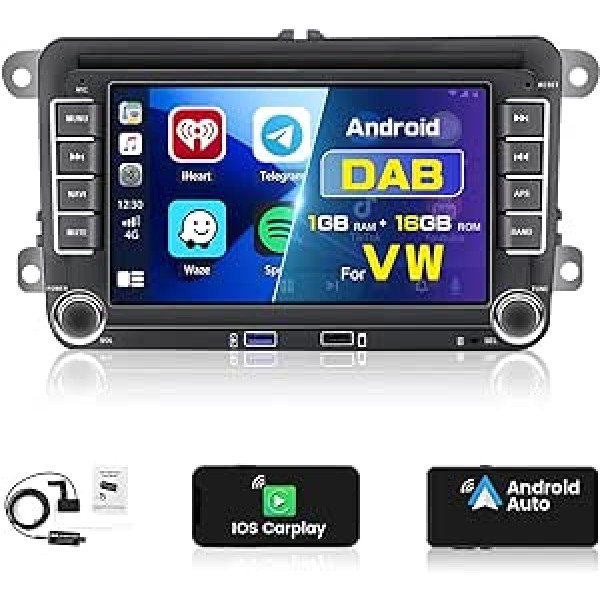 DAB auto radio priekš VW Passat B6 B7 Golf 5 6 Touran Polo Caddy 2 DIN 7 collu Android 11 Apple Carplay Car Radio stereo ar navigāciju Bluetooth brīvroku WiFi Android Car FM HI-FI RDS AHD SWC