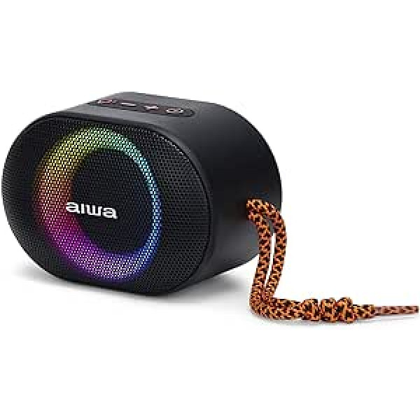 Aiwa BST-330BK kompaktais TWS Bluetooth skaļrunis, izturīgs un jaudīgs ar Hyperbass tehnoloģiju, 10 W jaudu, RGB apgaismojumu, karšu lasītāju, ūdensizturīgu krāsu: melna un oranža