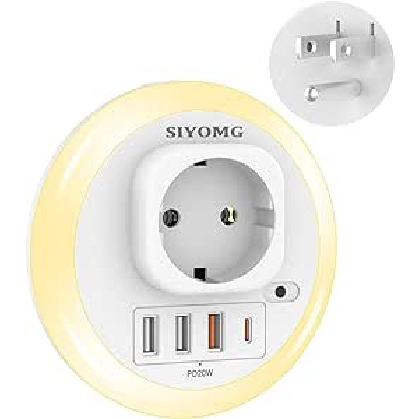 SIYOMG ceļojumu adapteris America, Germany Plug, ASV uz ES ligzdas adapteris ar nakts gaismu, 5 vienā ligzda ar 2 USB, 1 QC un 1 Type-C ports Amerikai, Kanādai, Taizemei, Meksikai, sienas lādētājs