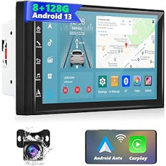 8G + 128G 2 DIN automašīnas radio ar bezvadu Carplay/Android Car podofo 7 collu 8 kodolu dubultā DIN skārienekrāna radio ar Navi/Bluetooth WiFi/GPS/HiFi/RDS/USB/FM/SWC/RCA/DSP+AHD atpakaļskata kameru + MIC