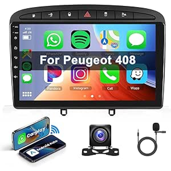 Hodozzy Android Car Radio priekš Peugeot 308/408 2007-2013 Carplay bezvadu Android automašīna, radio 9 collu skārienekrāna radio Bluetooth HiFi GPS navigācija WiFi FM RDS kamera 2 DIN ekrāns priekš Peugeot 408/308