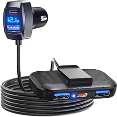 LENCENT 5 USB pieslēgvietas automašīnas lādētājs cigarešu piesmēķētāja strāvas adapteris 31 W (maks.) 3 USB-A un 2 C tipa USB pieslēgvietas priekšējā un aizmugurējā pasažiera sēdeklī ar pagarinājuma kabeli 1,5 m