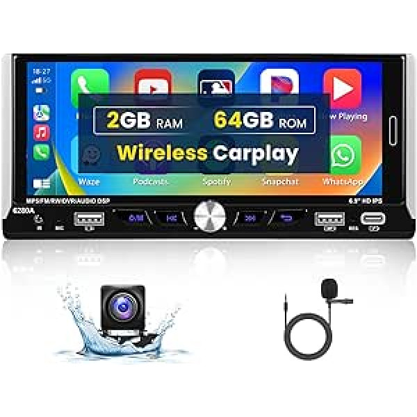 Hikity Android 13 1 DIN automašīnas radio ar satelītu, 2 GB + 64 GB, 6,9 collu bezvadu Apple CarPlay Android automašīnas radio, automašīnas radio skārienjutīgs displejs ar Bluetooth RDS GPS WiFi atpakaļgaitas kameras tālvadības pults 3USB