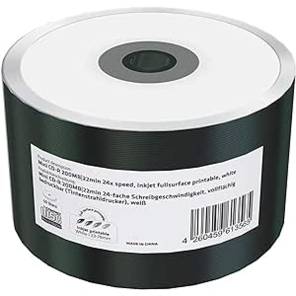 Mini CD-R 200MB | 22min 24x Write Speed, Full Surface Printable (Inkjet Printer), Pack of 50 in Film (Shrink)