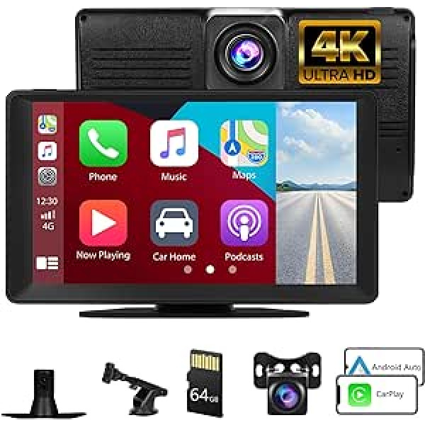 Hikity Wireless CarPlay Android automašīnas stereo uztvērējs ar 4K Dash Cam priekšā, AHD atpakaļskata kameru, 9 collu skārienekrāna bezvadu Carplay displeju ar Siri BT GPS ADAS Google FM AUX spoguļa saiti 64G TF