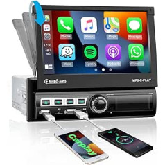 1 DIN Car Radio Apple Carplay Android Car Bluetooth Hands-Free Kit 7 Inch Automatic Retractable Touchscreen Display with Mirror Link FM USB AUX TF SWC, Microphone, Reversing Camera