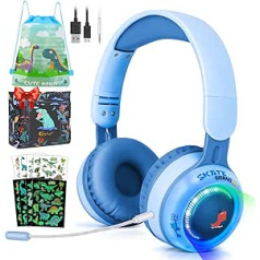 JYPS bērnu Bluetooth austiņas, Dinosaur Kids bezvadu austiņas ar LED apgaismojumu, mazuļu bezvadu austiņas zēniem meitenēm, regulējamas bērnu austiņas no 3, 5, 7, 10 gadiem priekš iPad