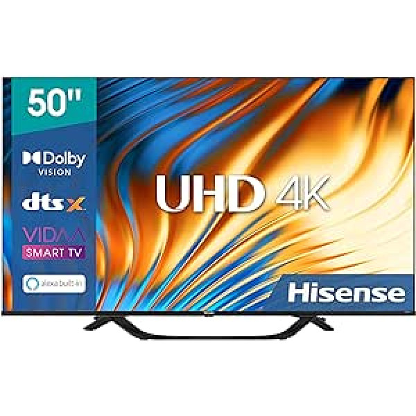 Hisense 50A67H 127 cm (50 collu) televizors, 4K UHD, Smart TV, HDR, Dolby Vision, trīskāršs uztvērējs DVB-C/S/S2/T/T2, bez rāmja, Wifi, Bluetooth, iebūvēts Alexa, DTS Virtual X, Viesnīcas režīms, melns [2022]