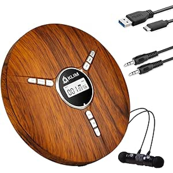 KLIM Discman Portable CD Player with Built-in Battery, Includes KLIM Fusion Headphones + Compact Mini CD Player, Compatible with CD-R, CD-RW and MP3 + Discman CD Player - Wood