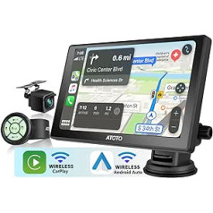 ATOTO P8 pārnēsājama 7 collu QLED displeja automašīnas navigācija ar HD 1080P aizmugurējo DVR kameru, bezvadu Carplay un bezvadu Android automašīnu, tālvadības pulti, WDR un automašīnas dimmeri, FM/AUX audio izvadi, P807SD-RC
