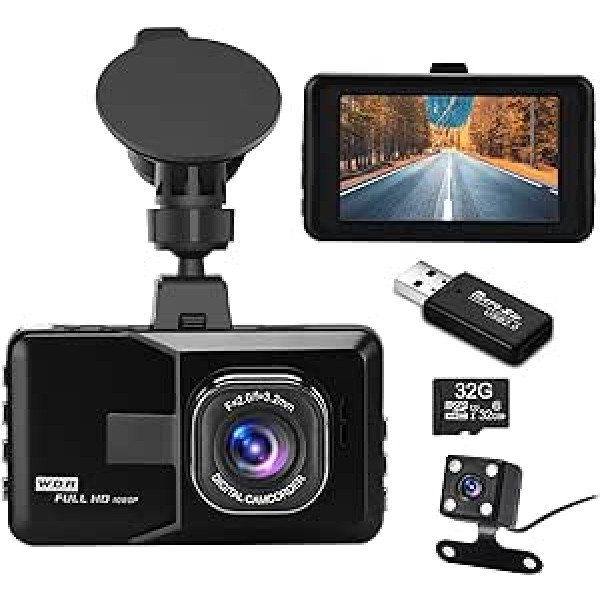 „Podazz Dash Cam“ priekinė ir galinė 1080P 3 colių IPS ekranas 170° plataus kampo 24h parkavimosi monitorius Super Night Vision G jutiklio kilpos įrašymo judesio aptikimas 32GB SD kortelė.