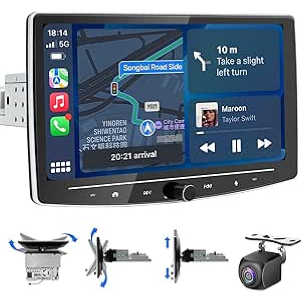 Android Car Radio 1 DIN bezvadu Carplay Android Car Radio Touch displejs Iebūvēts DAB+, 10,1 collas HD noņemama ekrāna automašīnas radio ar navigācijas sistēmu, WiFi 4G GPS AM/FM RDS atpakaļgaitas kamera