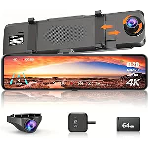 JOMISE G814 Dashcam spogulis, 4K UHD Dash Cam automašīnas priekšējā aizmugurē ar 11 collu IPS skārienekrānu, atpakaļskata spoguļkamera automašīnai, atpakaļskata kameras spogulis, stāvvietas novērošana, GPS, C tips, WDR, bezmaksas 64 GB