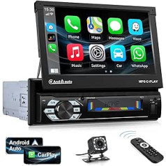 CAMECHO 1 DIN Carplay/Android Car/Mirror Link automašīnas radio ar ekrānu, 7 collu motorizēts paplašināms skārienekrāna automašīnas radio Bluetooth ar spoguļa saiti (Android/IOS), ārējais mikrofons un atpakaļgaitas režīms