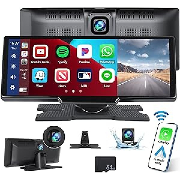 CAMECHO bezvadu automašīnas stereo ekrāns priekš CarPlay un Android automašīnas pārnēsājamā automašīnas radio ar priekšējo paneli, 9,3 collu skārienekrāna bezvadu Carplay ar Siri/Bluetooth/FM raidītāju/AUX/64G SD karti