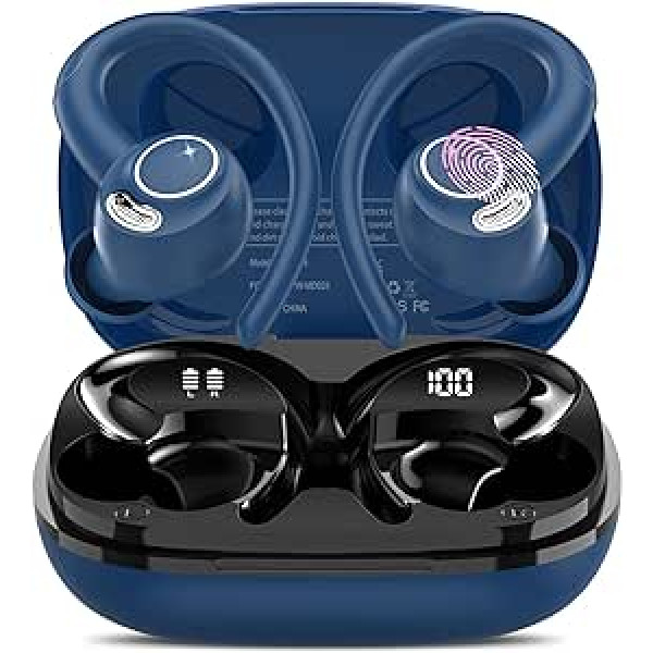 Bluetooth austiņas Sporta ausīs ievietojamas austiņas Bezvadu Bluetooth 5.3 ar HD mikrofonu, izcilu skaņu, 40 stundu atskaņošanas laiku, komfortablumu, dubultu LED displeju, IP7 ūdensnecaurlaidīgas austiņas ar ausu āķiem, zilas