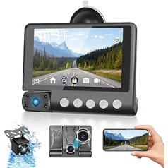 Dash Cam automašīnas priekšējā un aizmugurējā automašīnas kamera 4 collu skārienekrāns Full HD 1440P ar 3 virzienu kamerām, G sensors, nakts redzamība, cilpas ierakstīšana, stāvēšanas režīms 24 h + atpakaļgaitas kamera