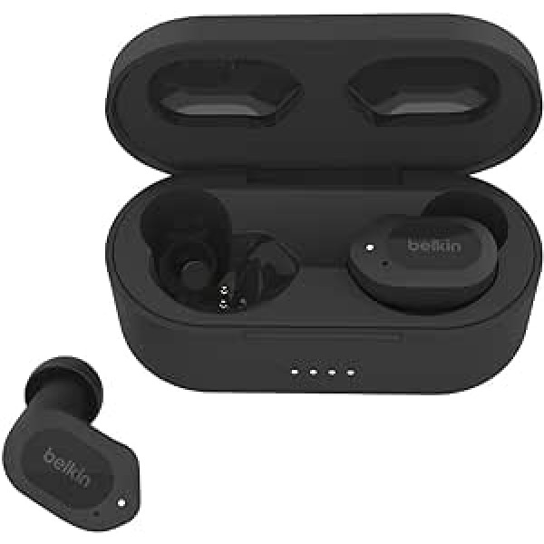 Belkin SOUNDFORM Play True bezvadu ausīs ievietojamas austiņas, bezvadu austiņas, 3 EQ iestatījumi, ūdensizturīgs pret sviedriem un šļakatām, IPX5 aizsardzība, 38 stundu darbība — melns, viens izmērs, AUC005