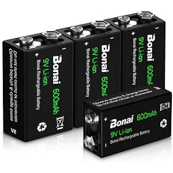 BONAI Akku 9V Block 600mAh Li-ion Wiederaufladbare Batterien 6F22 Lithium-ion 9 Volt Aufladbare Akkubatterien ar geringer Selbstentladung & Lange Lebensdauer für Rauchmelder (4 Stück)