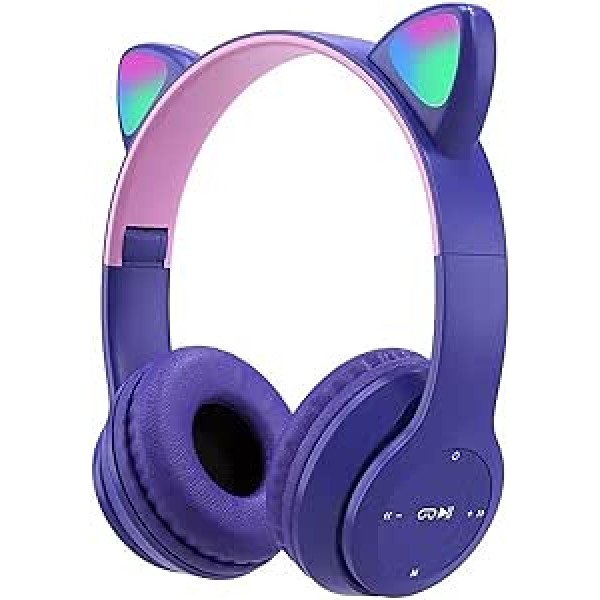 Yolispa austiņas bezvadu Bluetooth 5.0 salokāmas austiņas HiFi stereo bezvadu austiņas jaukas kaķa ausis spēļu austiņas ar LED gaismu meitenēm sievietēm viedtālrunis datora klēpjdators