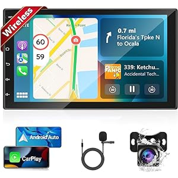 Podofo 2 DIN automašīnas radio ar Apple Carplay un Android Car, 7 collu skārienjutīgā displeja radio automašīna ar Bluetooth brīvroku zvanu, Apple Carplay radio ar atpakaļgaitas kameru, mikrofonu, FM, spoguļa saiti
