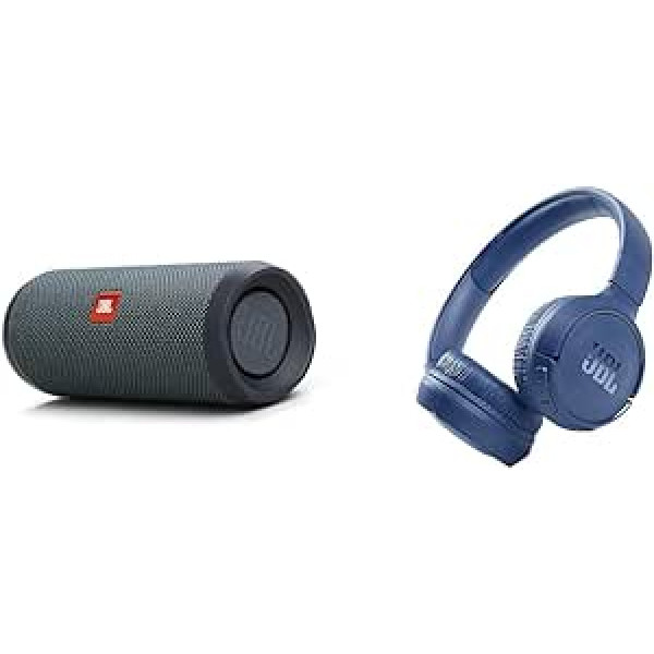 JBL Flip Essential 2 Bluetooth Box melnā krāsā — ūdensnecaurlaidīgs pārnēsājams skaļrunis un Tune 510BT — Bluetooth austiņas zilā krāsā