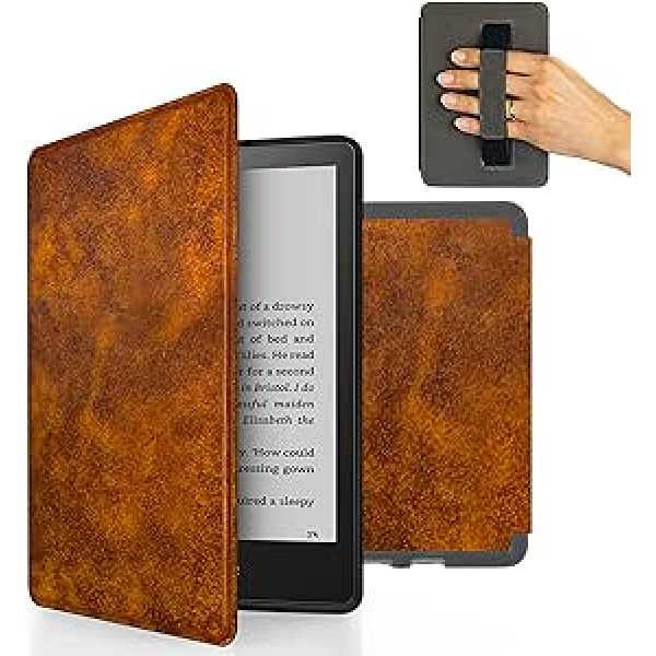 MyGadget mākslīgās ādas futrālis Amazon Kindle Paperwhite 11. paaudzei (no 2021. gada līdz 6. gadam, 8 collas) ar rokas siksnu un automātisko miega/modināšanas funkciju brūnā krāsā