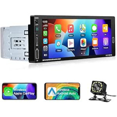 1 DIN Car Radio with Wired CarPlay/Android Car/Mirror Link, podofo 6.86 Inch Bluetooth Multimedia Player with Voice Control/FM/TF/USB/AUX/SWC + Remote Control + Reversing Camera