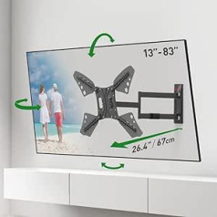 Barkan 67 cm garš televizora sienas stiprinājums, 13-83 collu grozāms/noliecams/pilnas kustības plakans un izliekts televizora stiprinājums, iztur līdz 50 kg, īpaši garš pagarinājums, LED OLED LCD, maks. VESA 600 x 400