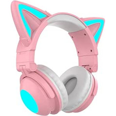 Tongdejing Cute Cat bezvadu austiņas, LED izgaismotas spēļu austiņas Fashion Bluetooth 5.0 Over Ear austiņas zema trokšņa līmeņa ar mikrofonu (rozā krāsā)