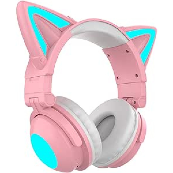 Tongdejing Cute Cat bezvadu austiņas, LED izgaismotas spēļu austiņas Fashion Bluetooth 5.0 Over Ear austiņas zema trokšņa līmeņa ar mikrofonu (rozā krāsā)