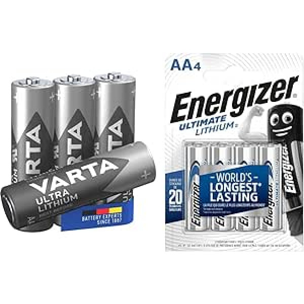 Energizer AA baterijas, Ultimate Lithium, 4 iepakojumā un Varta Lithium AA Mignon LR6 akumulatori (iepakojumā 4) — ideāli piemērots digitālo kameru rotaļlietu GPS ierīcēm sporta un āra lietošanai