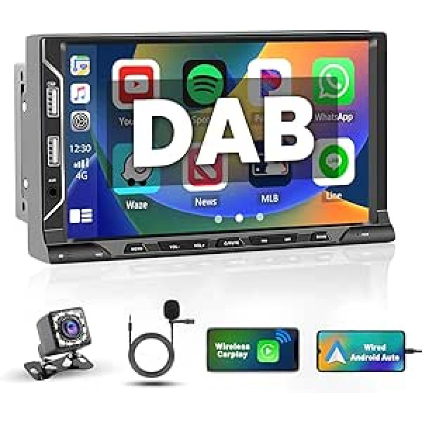 Hikity Double DIN Android automašīnas radio ar DAB/DAB+ un Carplay Android Car, 7 collu DAB automašīnas radio ar satelīta navigācijas sistēmu Blidschirm 6 USB ports spoguļa saite DAB FM RDS radio GPS WiFi SWC atpakaļgaitas kamera