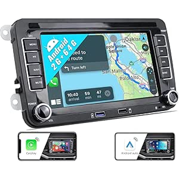 2G + 64G CAMECHO Android 13 automašīnas radio ar satelīta navigācijas ierīci VW Passat B6 Golf V VI 5 6 Polo CC Tiguan EOS Scirocco, 7 collu dubultā DIN radio ar Carplay bezvadu Android automašīnas HiFi RDS Bluetooth + atpakaļgaitas režīmu