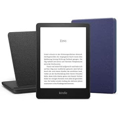 Kindle Paperwhite Signature Essentials komplekts ar Kindle Paperwhite Signature Edition (32 GB | ohne Werbung), Amazon Lederhülle (Marineblau) un Ladedock kabellozi “Made for Amazon”