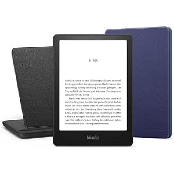 Kindle Paperwhite Signature Essentials komplekts ar Kindle Paperwhite Signature Edition (32 GB | ohne Werbung), Amazon Lederhülle (Marineblau) un Ladedock kabellozi “Made for Amazon”