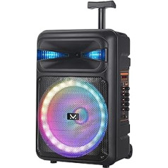 Majestic Fire T6 Bluetooth 5.0 vežimėlis, daugiaspalvės LED lemputės su 5 efektais, USB/MicroSD/AUX-IN/MIC, mikrofonas, nuotolinio valdymo pultas, baterija, TWS funkcija, nešimo rankena ir ratukai