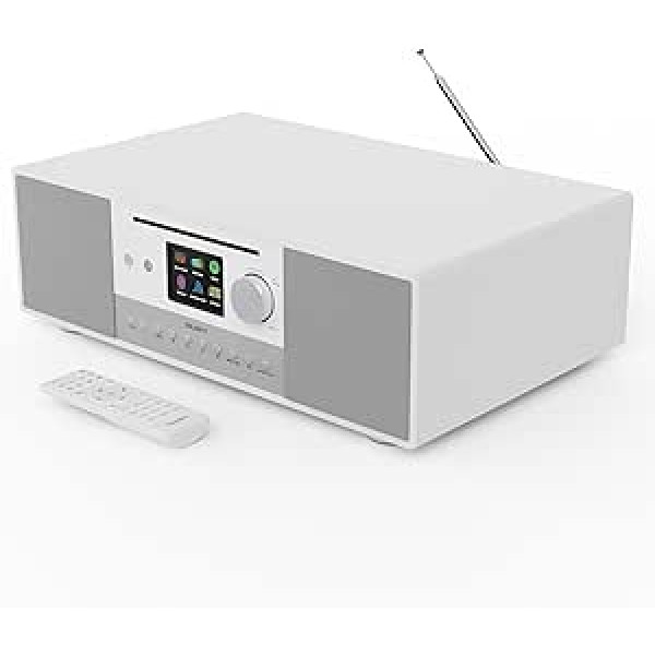 CD atskaņotājs ar internetu, DAB, FM un jaudīgs zemfrekvences skaļrunis, 120 W 2.1 skaļruņu sistēma, viedais radio ar Spotify, aplādes, Bluetooth, 90+ iepriekšējie iestatījumi, TFT displejs, lielākā daļa Quadriga, balts