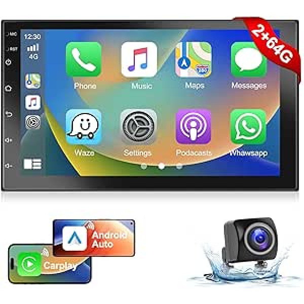 Podofo 2+64G 2Din 7 collu automašīnas radio ar bezvadu Apple Carplay/Android Car Android 13 ekrāna atskaņotāju ar GPS/Bluetooth/Mirror Link/SWC/FM/RDS/WiFi/USB + atpakaļgaitas kameru