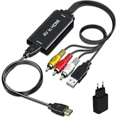 AMANKA RCA uz HDMI adapteris, pārveidotājs AV uz HDMI ar RCA kabeli un HDMI kabeli HD 1080P 3RCA CVBS Composite to HDMI video audio adapteris Atbalsts PAL/NTSC televizoram DVD PS2 PS3 VHS Wii BlueRay