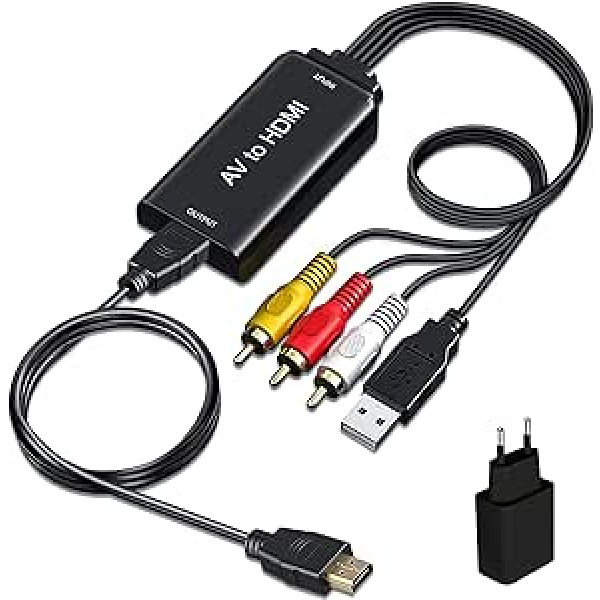 AMANKA RCA uz HDMI adapteris, pārveidotājs AV uz HDMI ar RCA kabeli un HDMI kabeli HD 1080P 3RCA CVBS Composite to HDMI video audio adapteris Atbalsts PAL/NTSC televizoram DVD PS2 PS3 VHS Wii BlueRay