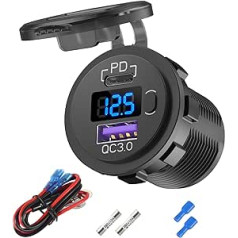 12 V USB C Car Charger Socket, 12 V USB Cigarette Lighter Replacement with PD3.0 and QC3.0 Car USB Port, Waterproof 12 Volt USB Socket with Power Switch, Voltage Meter for Car, Marine, Truck,