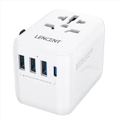 LENCENT universālais ceļojumu adapteris visā pasaulē, starptautisks adapteris ar 3 USB un C tipa PD uzlādes pieslēgvietām ES Eiropas ASV AK no A/C/G/I tipa ligzdām, vairāk nekā 200 valstīs, balts