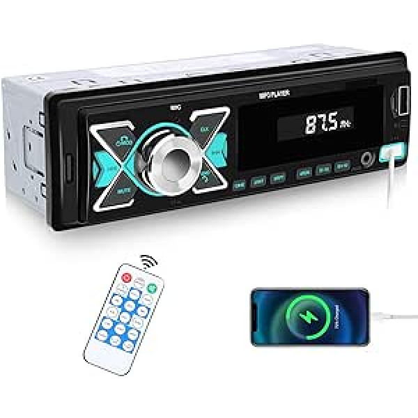 Hodozzy automašīnas radio 1 din Bluetooth automašīnas radio ar Bluetooth brīvroku sistēmu, 4 x 45 W, lietotnes atrašanās vieta/FM radio/USB/TF/Aux/RCA/40 EQ/7 krāsas + tālvadības pults