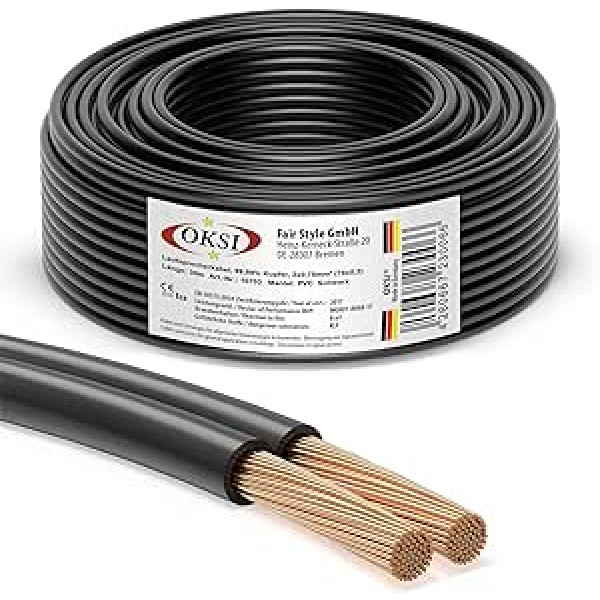 OKSI skaļruņu kabelis 2 x 0,75 mm² 30 m melns vara kabelis audio stereo savienojumam ar pastiprinātāju telpiskās skaņas sistēmas TV mājas kinozāle un automašīnas radio Ražots Vācijā