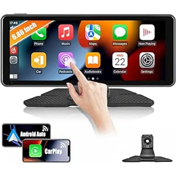 CAMECHO Apple CarPlay un Android Car Wireless, 6,86 collu IPS displejs portatīvais automašīnas radio ar Airplay Android Cast Siri/Google Assistant FM raidītājs AUX Bluetooth atbalsta atpakaļgaitas kameru