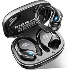 Litinst Bluetooth austiņas bezvadu Bluetooth 5.3 3D stereo ar mikrofonu, 90 stundu atskaņošanas laiks, dubultā LED displeja bezvadu austiņas, IP7 ūdensizturīgas ausīs ievietojamas austiņas ar ausu āķiem sportam