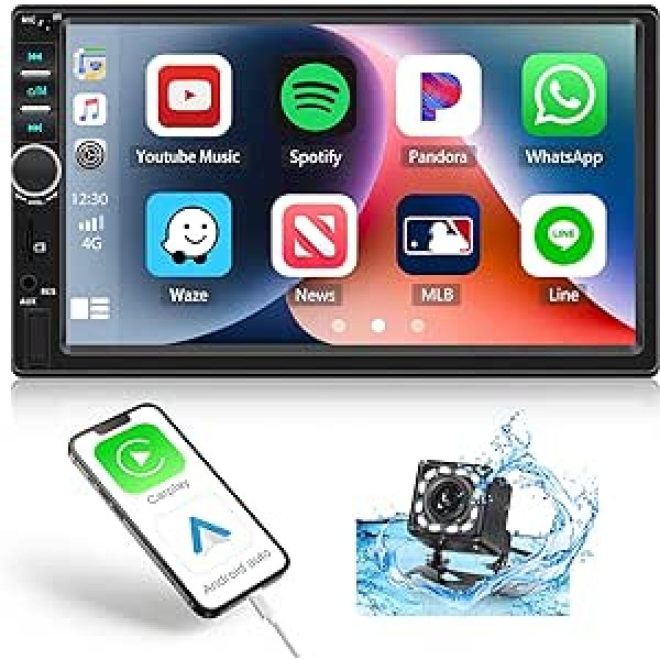 CAMECHO Double DIN automašīnas radio ar Carplay Android Car, 7 collu automašīnas radio skārienjutīgs displejs ar Bluetooth brīvroku sistēmu Mirror Link FM SWC atbalsts USB/TF/AUX-in + atpakaļgaitas kamera