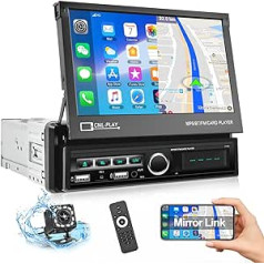 CAMECHO automašīnas radio 1 DIN ar Bluetooth brīvroku komplektu, 7 collu motorizēta ekrāna atbalsts USB/AUX-IN/FM/TF/spoguļa saite Android/iOS ierīcēm + atpakaļgaitas kamera