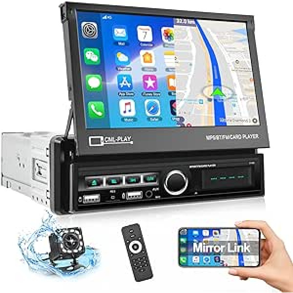 CAMECHO automašīnas radio 1 DIN ar Bluetooth brīvroku komplektu, 7 collu motorizēta ekrāna atbalsts USB/AUX-IN/FM/TF/spoguļa saite Android/iOS ierīcēm + atpakaļgaitas kamera